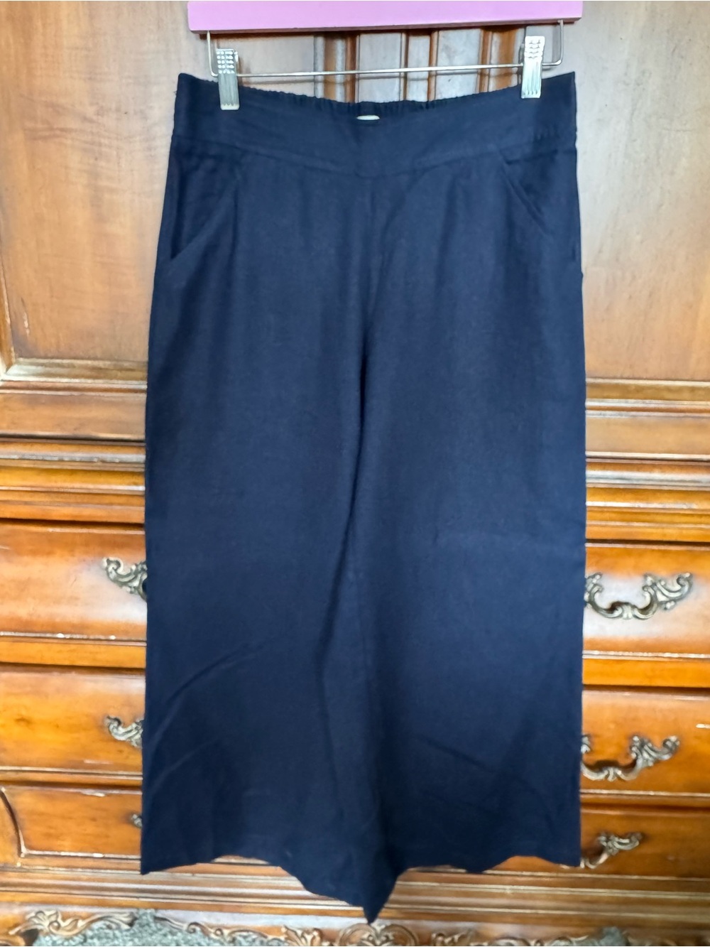 Max Studio Machine Washable Navy Linen Wide Leg Pull-On Pants - Women